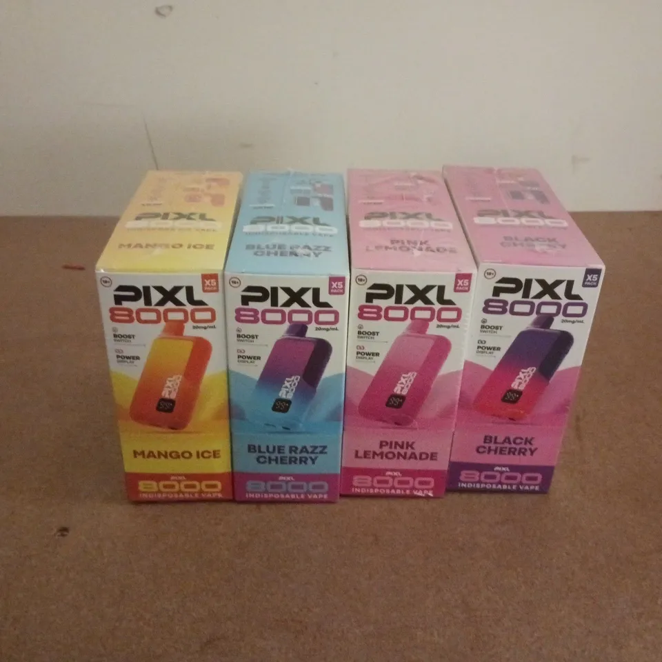 APPROXIMATELY 9 ASSORTED PIXL 8000 X5 PACKS IN VARIOUS FLAVOURS TO INCLUDE MANGO ICE, BLACK CHERRY, PINK LEMONADE, ETC - COLLECTION ONLY