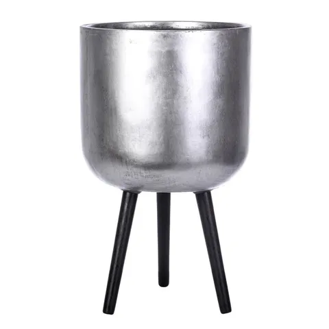 BOXED METALLIC CONCRETE EFFECT CYLINDER ROUND PLANTER ON HARDWOOD LEGS (1 BOX)