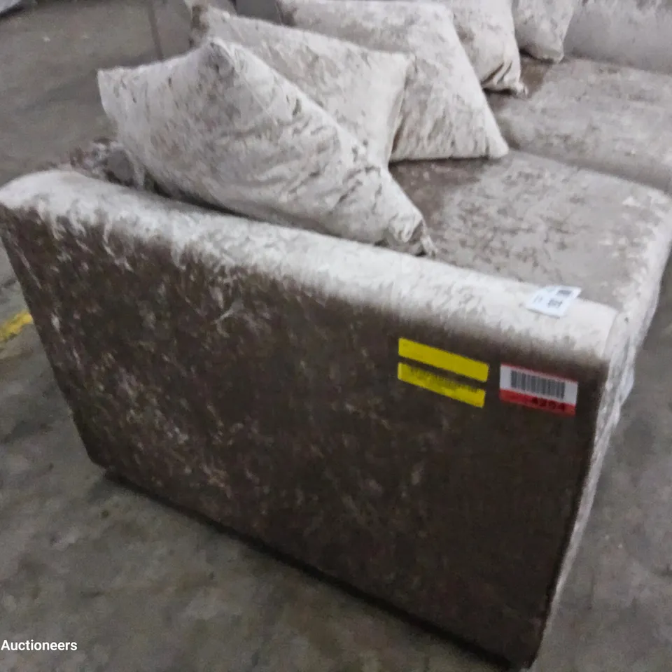 DESIGNER THREE SEATER SOFA WITH SCATTER CUSHIONS CRUSHED SILVER VELVET