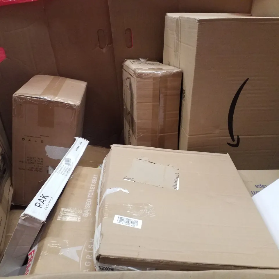 PALLET CONTAINING ASSORTED PRODUCTS INCLUDING COOKER HOOD, STROLLER, TOILET SEAT, HDTV ANTENNA & LED MAGNIFYING LAMP AND TABLE TRIPOD 