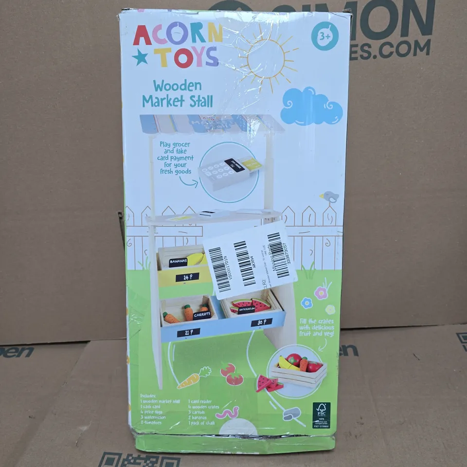 BOXED ACORN WOODEN MARKET STALL PLAYSET (TILL SOLD SEPARATELY)