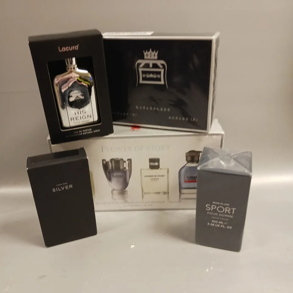 BOX OF 5 ASSORTED PERFUMES TO INCLUDE ZARA MAN SILVER, RIVER ISLAND SPORT AND LACURA HIS REIGN ETC