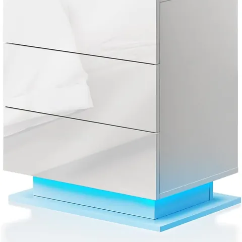 BOXED TUKAILAI WHITE BEDSIDE TABLE WITH LED LIGHTS
