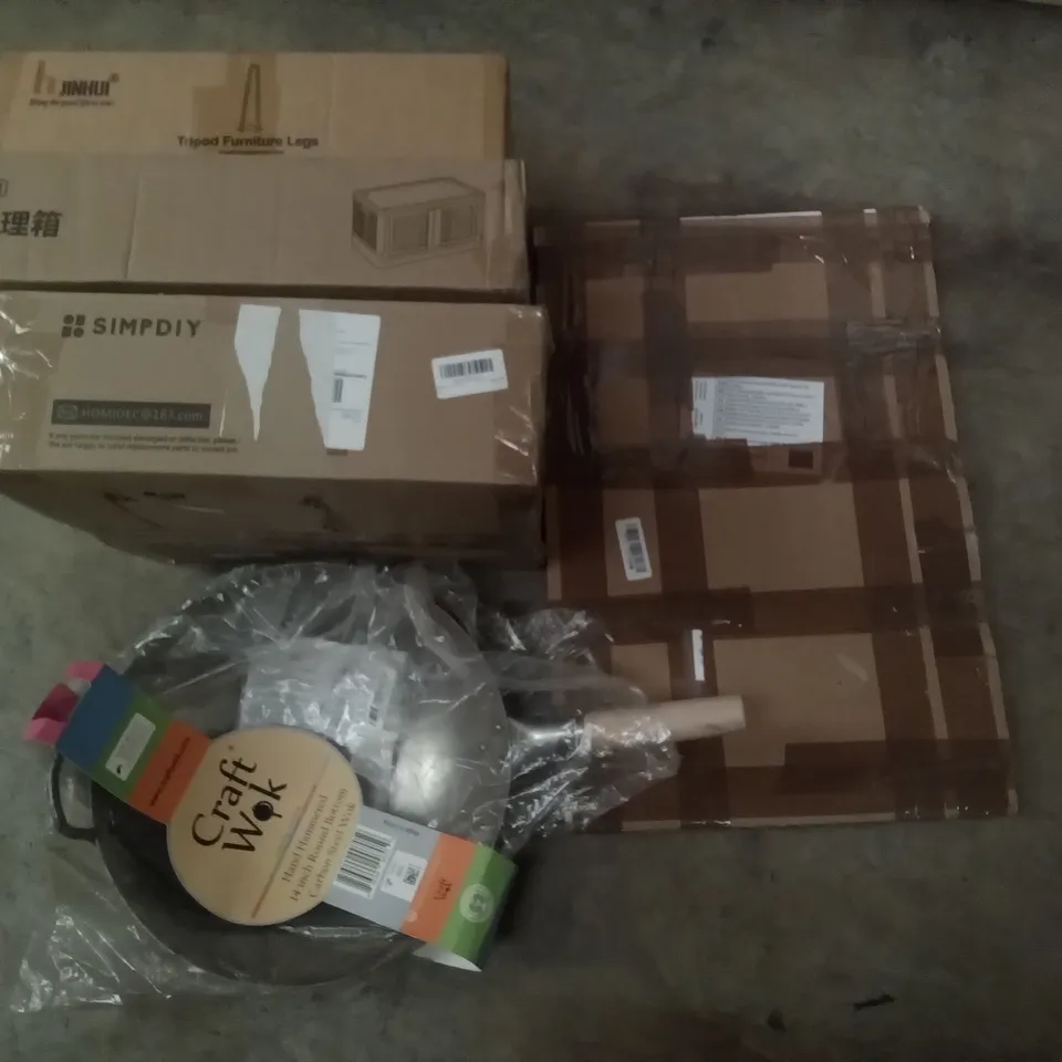 PALLET OF ASSORTED ITEMS INCLUDING GLASS CHOPPING BOARD, STORAGE BOX, SIMPDIY SHOE BOXES, TRIPOD FURNITURE LEGS, CRAFT WOK, SAKURA RICE COOKER 