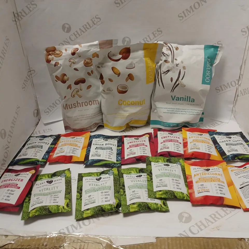 LOT OF APPROXMATELY 17 ITEMS TO INCLUDE THE FAST800 VANILLA REAL FOOD SHAKE (10 SERVINGS), 4 PLANT MADE SUPERFOOD STICKS VITALITY, THE FAST800 MUSHROOM REAL SOUP (10 SERVINGS), ETC