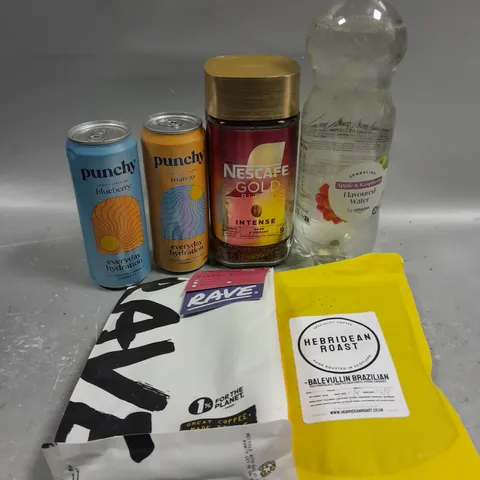 APPROXIMATELY 15 ASSORTED FOOD/DRINK PRODUCTS TO INCLUDE RAVE COFFEE, PUNCHY DRINKS, SPARKLING WATER ETC - COLLECTION ONLY