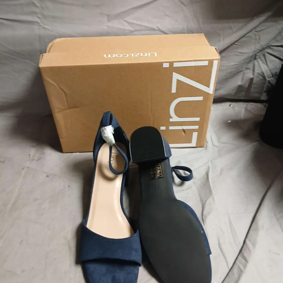 LINZI BLUE SUEDE ANKLE-STRAP BLOCK-HEEL SANDALS- SIZE UK 5