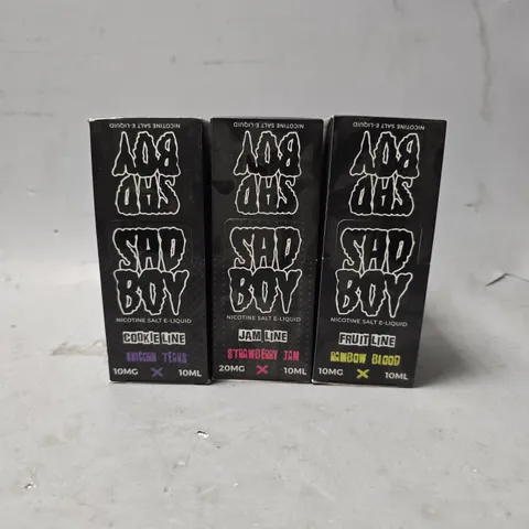 BOX OF APPROXIMATELY 15 ASSORTED SAD BOY E-LIQUID PRODUCTS TO INCLUDE - FRUIT LINE RAINBOW BLOOD , JAM LINE STRAWBERRY JAM ,  COOKIE LINE UNICORN TEARS