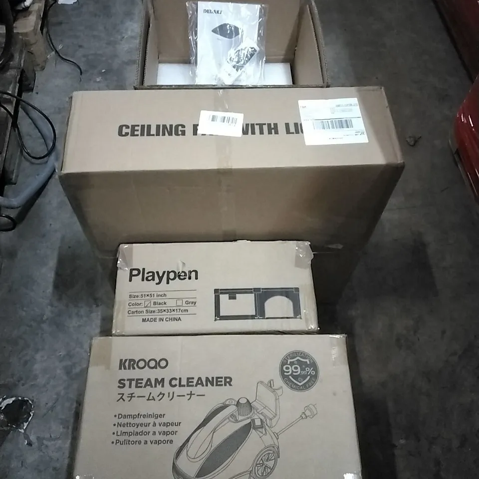 PALLET OF HOUSEHOLD ITEMS TO INCLUDE OXYGEN CONCENTRATOR, CEILING LIGHT WITH LIGHT, PLAYPEN, STEAM CLEANER AND OTHER ASSORTED ITEMS...