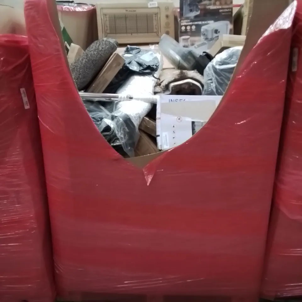 PALLET CONTAINING VARIOUS ASSORTED HOUSEHOLD ITEMS TO INCLUDE: LARGE AREA RUG, SEVERAL BUG ZAPPERS, ESPRESSO COFFEE MACHINE AND LOTS MORE UNMARKED BOXED ITEMS 