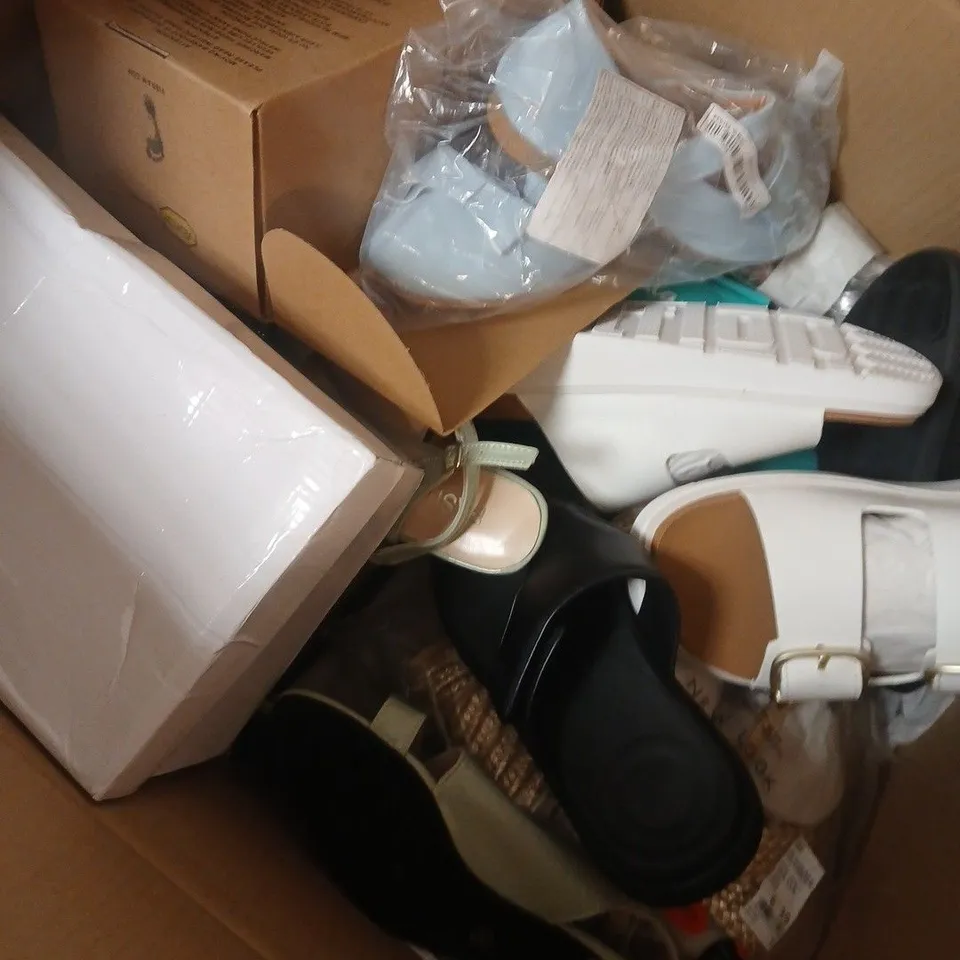 BOX OF APPROXIMATELY 12 PAIRS OF ASSORTED SHOES IN VARIOUS STYLES , COLOURS AND SIZES 