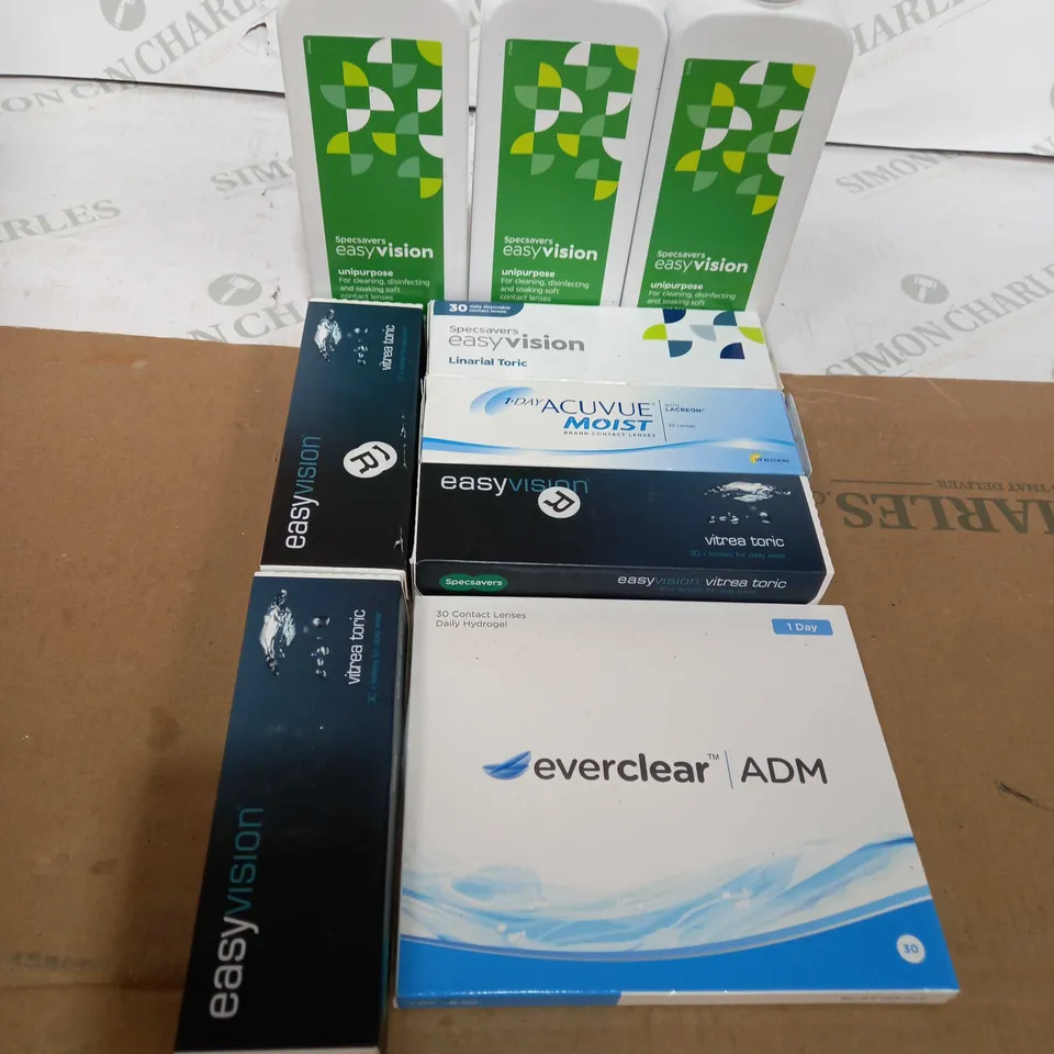 BOX OF ASSORTED MEDICAL APPLIANCES TOO INCLUDE NICORETTE PATCHES , EYE LENSES AND EYE DROPS 