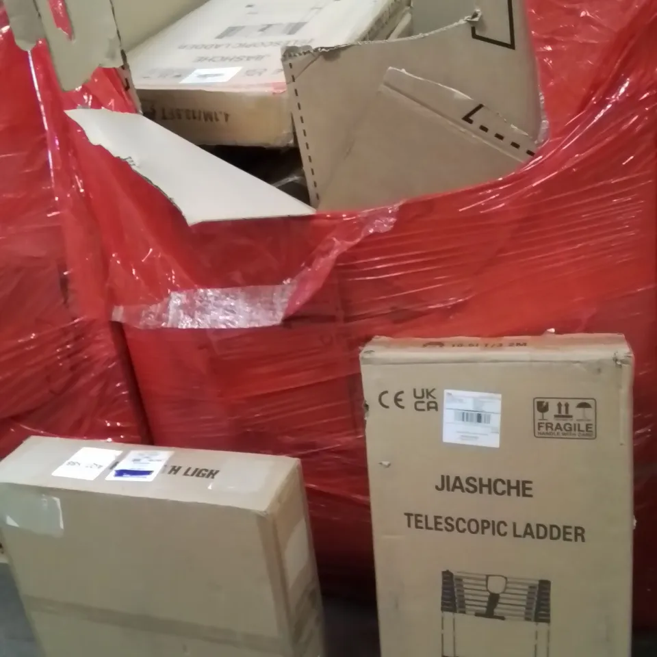 PALLET OF ASSORTED HOUSEHOLD GOODS AND PRODUCTS TO INCLUDE;TELESCOPIC LADDERS,CEILING FAN WITH LIGHT,TRIMMER