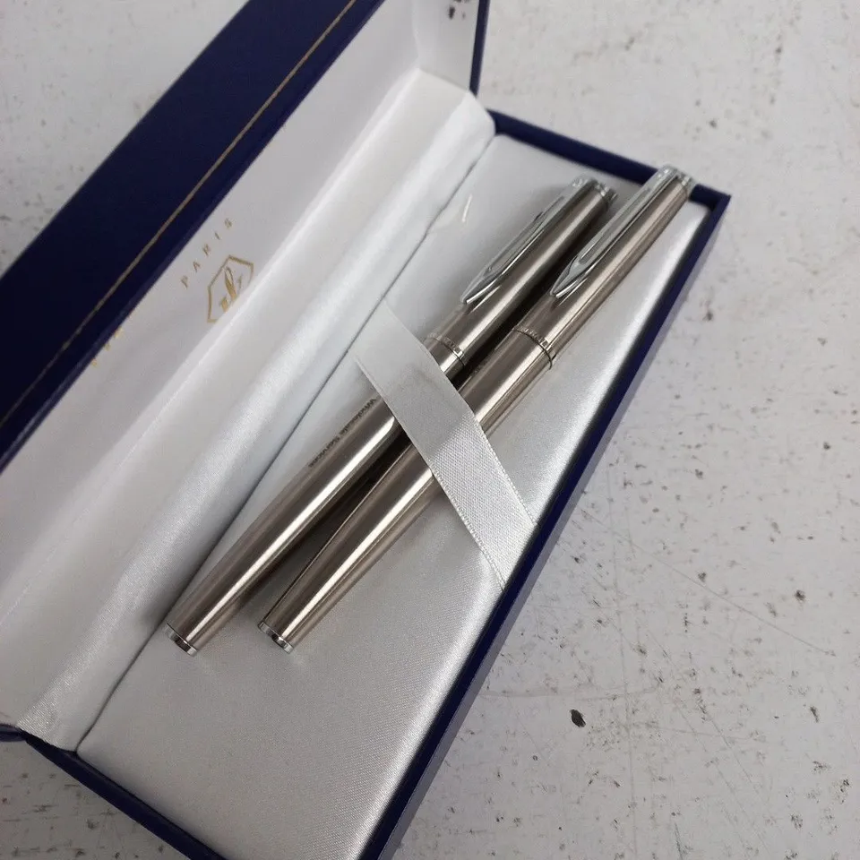 WATERMAN PARIS PEN GIFT SET - 2 SILVER TONE PENS IN NAVY PRESENTATION BOX