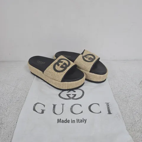 GUCCI ESPADRILLE SLIDES – BEIGE WOVEN WITH GG LOGO, UK 6 (EU 39)