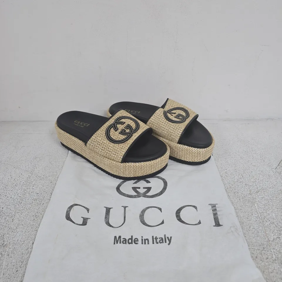 GUCCI ESPADRILLE SLIDES – BEIGE WOVEN WITH GG LOGO, UK 6 (EU 39)