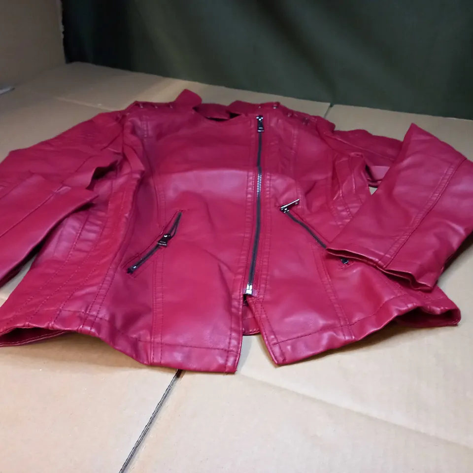 DESIGNER RED FAUX LEATHER BIKER STYLE JACKET - MEDIUM