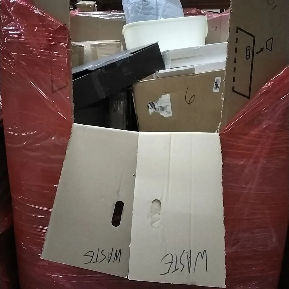 PALLET OF HOUSEHOLD ITEMS TO INCLUDE WOOD TRIPOD EASEL, SUPERFISH SCAPER LED 74,BABY FITNESS BLANKET,BAGGED  CARPET AND OTHER ASSORTED ITEMS...