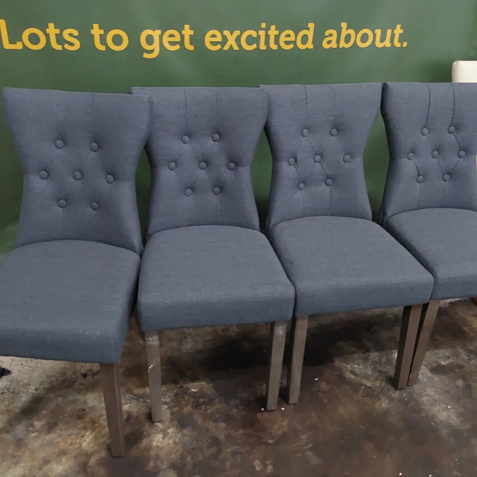 SET OF FOUR DESIGNER UPHOLSTERED BUTTONED BACK DINING CHAIRS GREY FABRIC ON SILVERED LEGS 