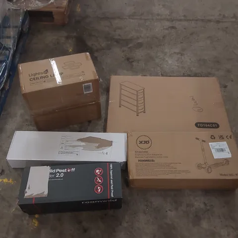 PALLET CONTAINING ASSORTED ITEMS TO INCLUDE: CEILING LIGHT, CHEST OF DRAWERS, KID'S SCOOTER, SHOWER MIXER WITH KIT ECT