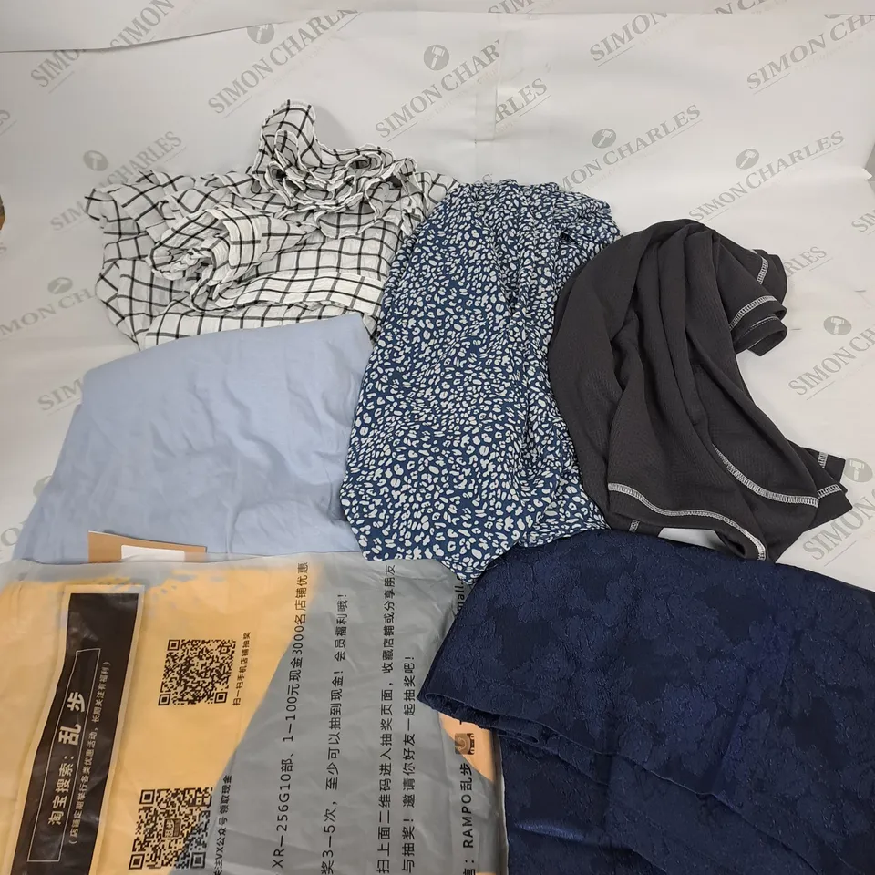 LARGE BOX OF ASSORTED CLOTHING ITEMS IN VARIOUS COLOURS AND SIZES INCLUDING TROUSERS , TOPS AND JUMPERS 