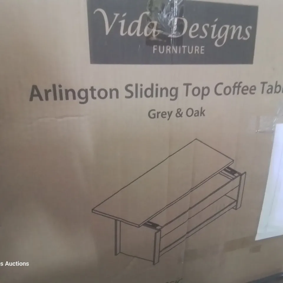 BOXED ARLINGTON SLIDING TOP COFFEE TABLE GREY/OAK