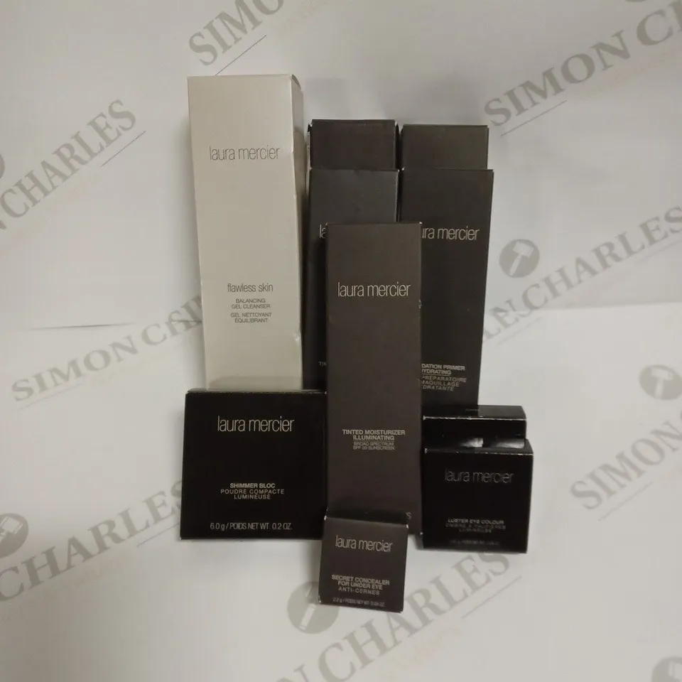 LOT OF 10 ASSORTED LAURA MERCIER BEAUTY PRODUCTS TO INCLUDE MOISTURISING CREAM, GEL CLEANSER, SHIMMER BLOC, CONCEALER, AND EYE COLOUR 