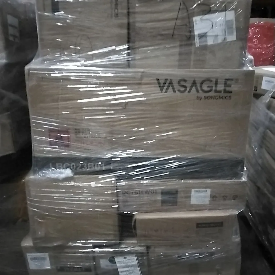 PALLET OF HOUSEHOLD ITEMS TO INCLUDE STORAGE OTTOMAN, BOOKCASE, CAT TREE,  SHOE RACK AND OTHER ASSORTED ITEMS...