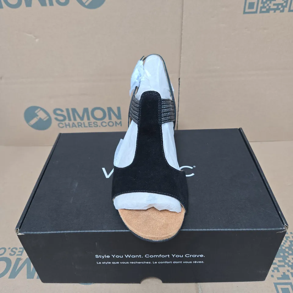 VIONIC WOMEN'S BLACK SUEDE WEDGE SANDALS – CORK HEEL UK 7 BOXED