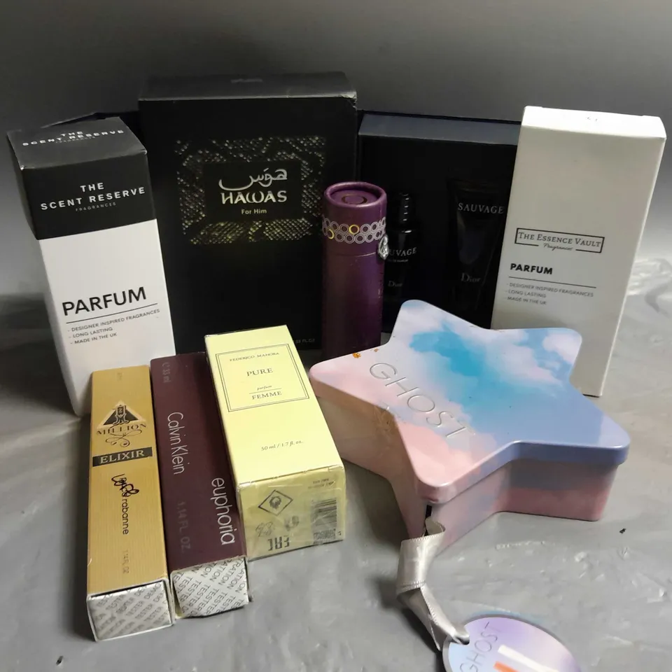 BOX OF APPROXIMATELY 8 ASSORTED BOXED FRAGRANCES TO INCLUDE - CALVIN KLEIN EUPHORIA TESTER - THE ESSENCE VAULT PARFUM - PACO RABANNE 1 MILLION ELIXIR TESTER - ETC