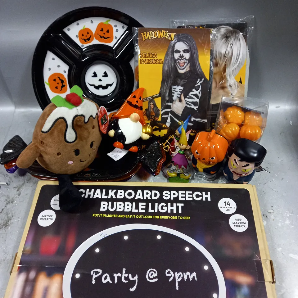 BOX OF APPROXIMATELY 10 HOUSEHOLD ITEMS TO INCLUDE - CHALKBOARD SPEECH BUBLE LIGHT - HALLOWEEN WIG - MIRI CHRISTMAS PUDDING ANIMATED MUSICAL PLUSH - ETC