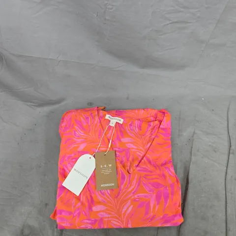 MONSOON WOMEN'S SUMMER DRESS - PINK/ORANGE LEAF PRINT, UK SIZE L
