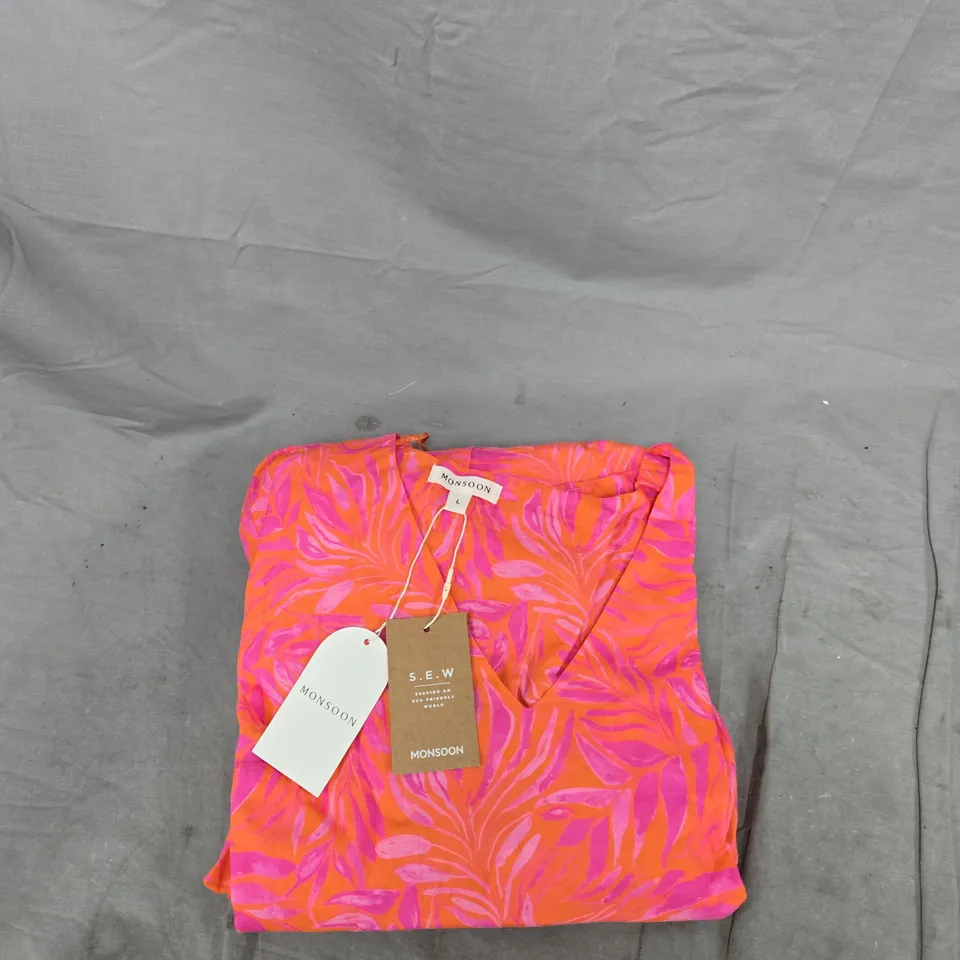 MONSOON WOMEN'S SUMMER DRESS - PINK/ORANGE LEAF PRINT, UK SIZE L
