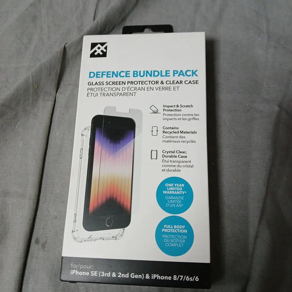 BOX OF APPROXIMATELY 60 DEFENCE BUNDLE PACK – GLASS SCREEN PROTECTOR & CLEAR CASE FOR IPHONE SE 