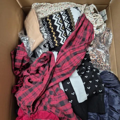 LARGE BOX OF ASSORTED CLOTHING ITEMS IN VARIOUS SIZES, STYLES AND COLOUR 