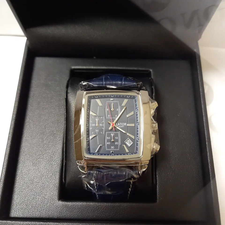 LATOR CALIBRE BLUE TRIPLE DIAL CROC LEATHER STRAP WATCH RRP £585