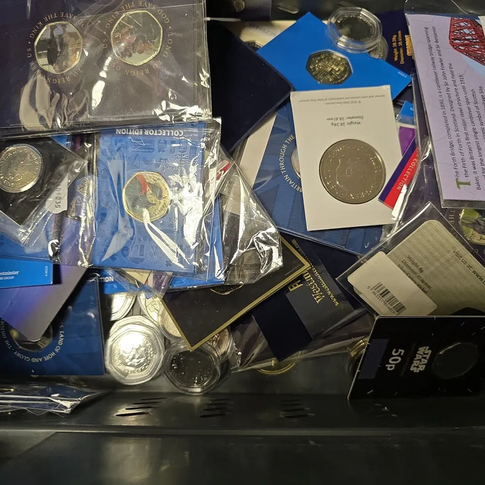 TOTE OF LARGE AMOUNT OF ASSORTED COLLECTABLE COINS & CURRENCIES 