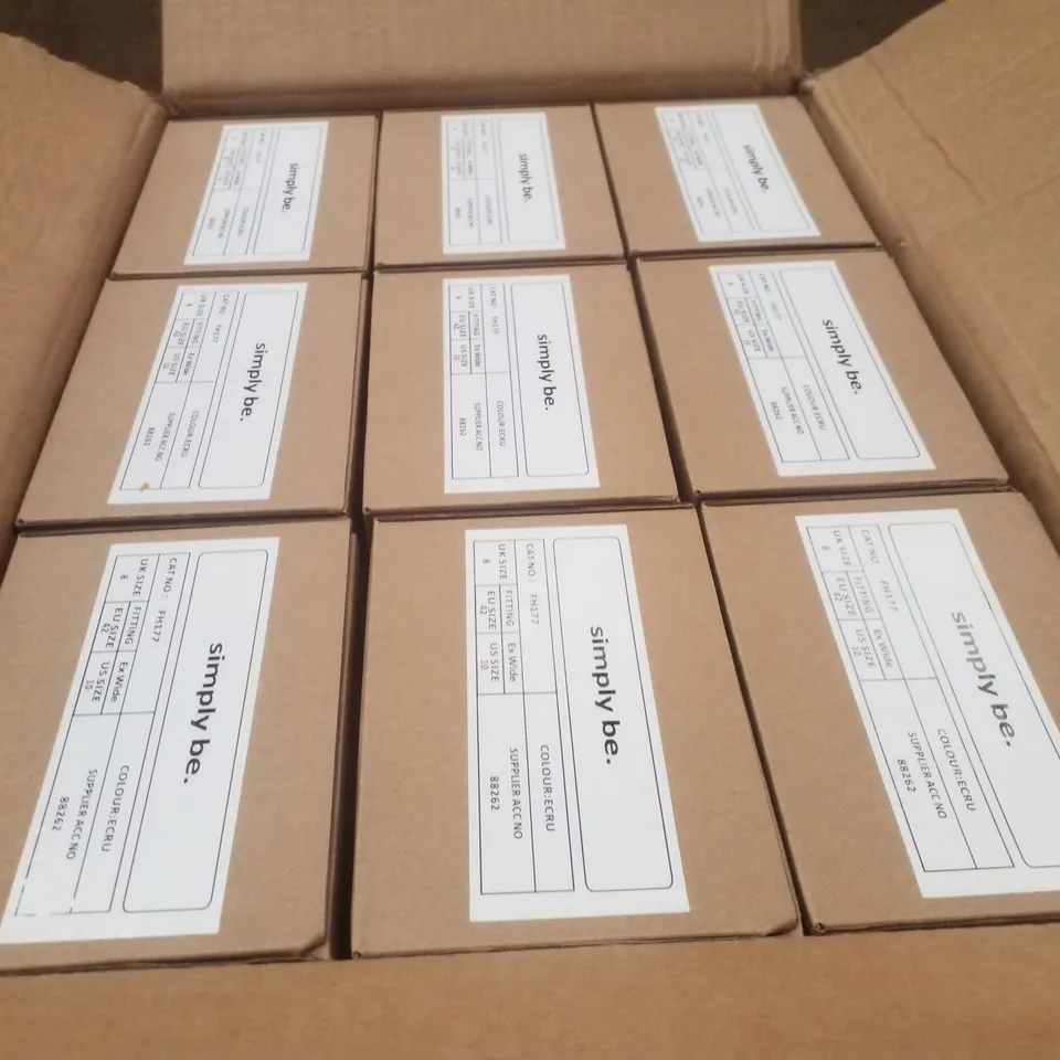 BOX CONTAINING APPROXIMATELY 9 PAIRS OF BRAND NEW SIMPLY BE ECRU EXTRA WIDE OLSO FLATS - SIZE 8