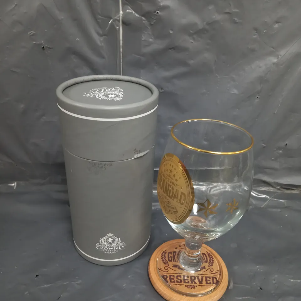 BOXED CROWNLY CRYSTAL CUSTOM GRANDAD WINE GLASS 