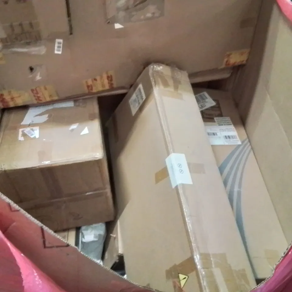 PALLET CONTAINING VARIOUS ASSORTED BOXED HOUSEHOLD ITEMS TO INCLUDE: ROLLED AND BOXED MATTRESSES, BRIGE TABLE, 24KG WEIGHT, RACKING UNIT AND LOTS MORE UNMARKED BOXED ITEMS 