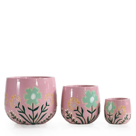 GARDEN STORIES SORBET COLLECTION SET OF 3 CERAMIC FLORAL PLANTERS