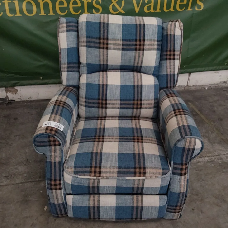 DESIGNER PUSH BACK RECLINING WINGBACK EASY CHSIR BLUE CHECK FABRIC 