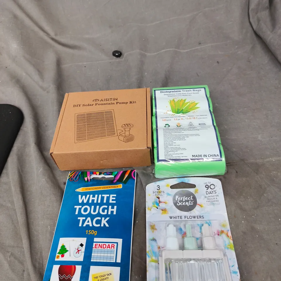 APPROXIMATELY 15 ASSORTED HOUSEHOLD PRODUCTS TO INCLUDE WHITE TOUGH TACK, DIY SOLAR FOUNTAIN PUMP KIT AND BIODEGRADABLE BIN BAGS