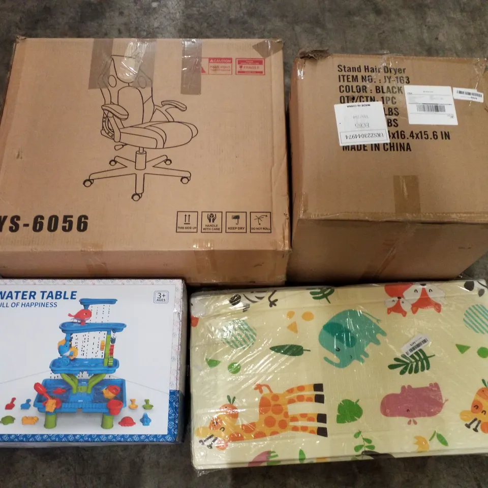 PALLET OF ASSORTED PRODUCTS INCLUDING GAMING CHAIR, STAND HAIR DRYER, WATER TABLE, KIDS FLOOR PADS