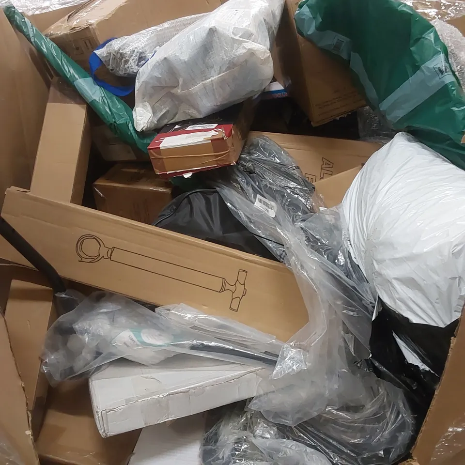 PALLET OF ASSORTED HOUSEHOLD ITEMS AND CONSUMER PRODUCTS TO INCLUDE; YETI ROADIE 24 COOLER BOX, FOLDING FOOTBALL GOAL, TENNIS RACKETS, POOL STICK PARTS ETC
