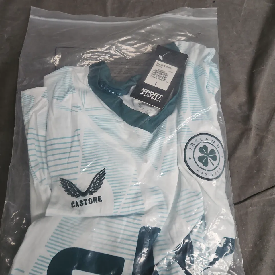 CASTORE IRELAND FOOTBALL JERSEY – WHITE/TEAL, MEN’S SIZE L
