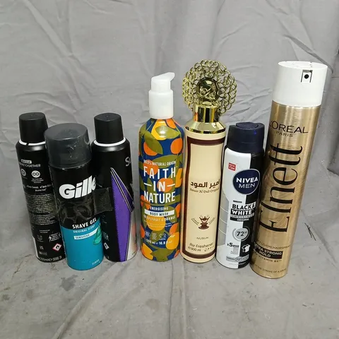 APPROXIMATELY 15 ASSORTED AEROSOLS TO INCLUDE LOREAL ELNETT, NIVEA MAN BLACK & WHITE, FAITH IN NATURE BODY WASH, ETC - COLLECTION ONLY