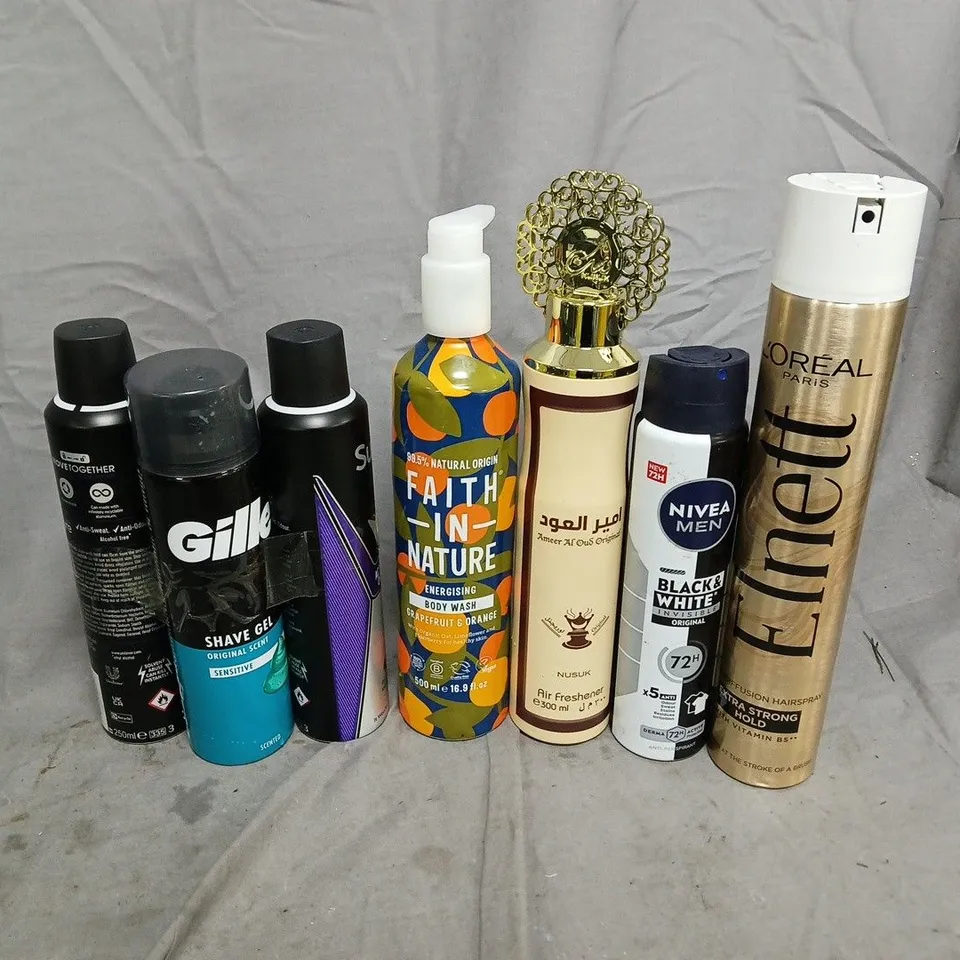 APPROXIMATELY 15 ASSORTED AEROSOLS TO INCLUDE LOREAL ELNETT, NIVEA MAN BLACK & WHITE, FAITH IN NATURE BODY WASH, ETC - COLLECTION ONLY