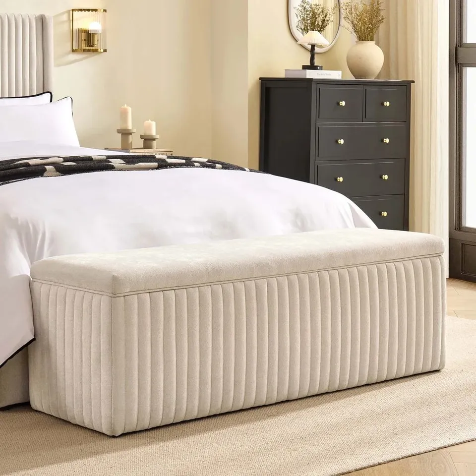 BOXED DUSK MELROSE RIBBED OTTOMAN STORAGE BENCH - CHENILLE IVORY (1 BOX)