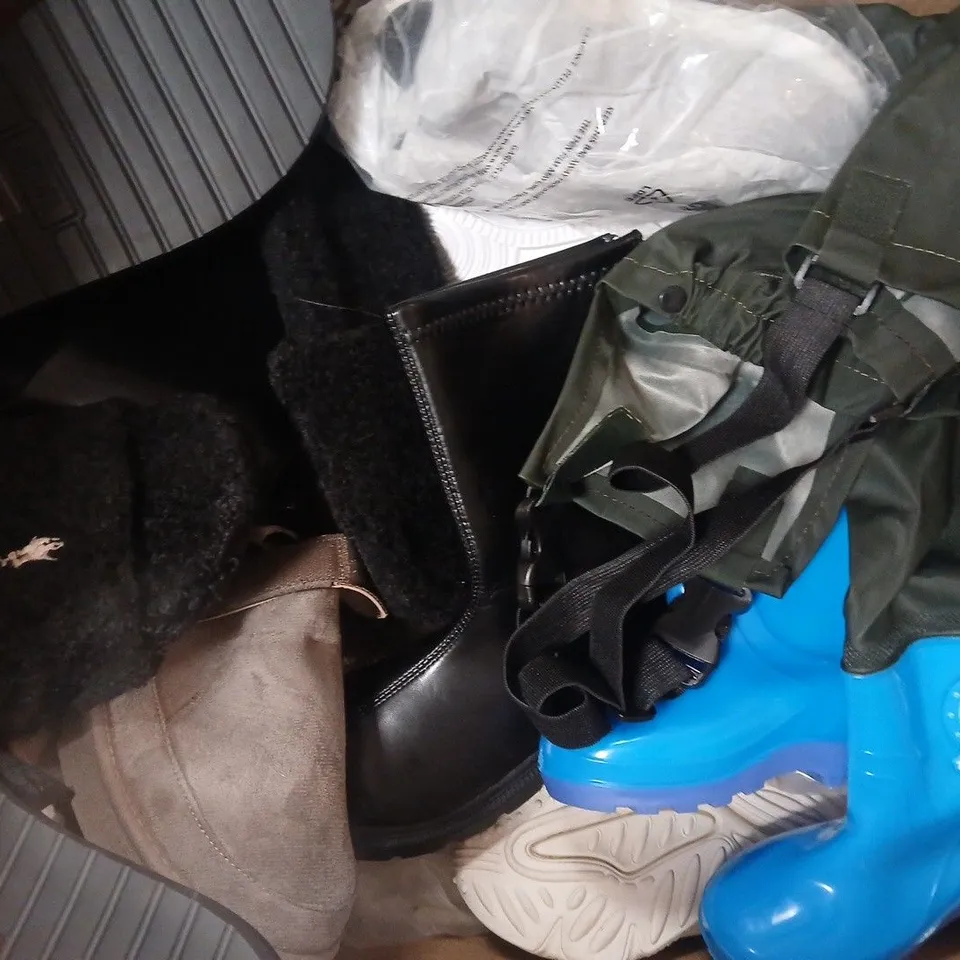 BOX OF APPROXIMATELY 15 ASSORTED PAIRS OF SHOES AND FOOTWEAR ITEMS IN VARIOUS COLOURS, STYLES, AND SIZES - COLLECTION ONLY